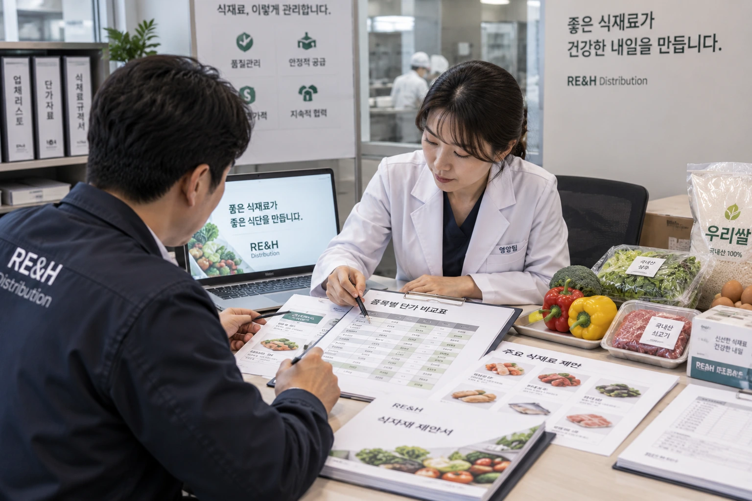 품목과 단가 비교안을 병원 담당자에게 설명하는 장면
