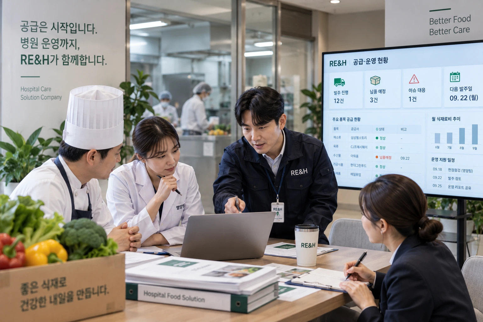 셰프와 영양사, RE&H 담당자가 운영서비스 연계를 논의하는 장면
